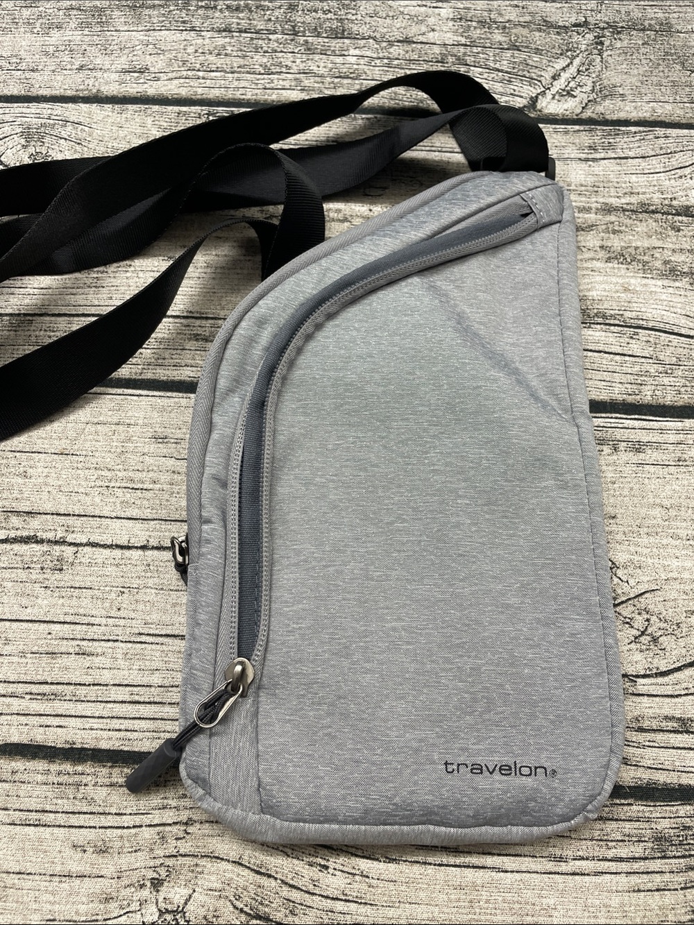 Travelon Light Gray Men's Crossbody Sling Bag with Black Strap